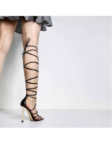 Ankle Strap Square Toe Stilettos Metal Heel Sandals