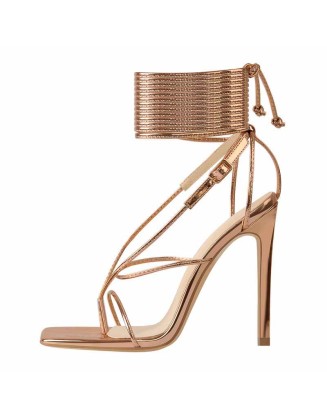 Rose Gold Square Toe Ankle Strap Stiletto High Heel Sandals