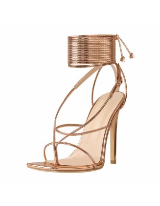 Rose Gold Square Toe Ankle Strap Stiletto High Heel Sandals