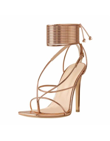 Rose Gold Square Toe Ankle Strap Stiletto High Heel Sandals