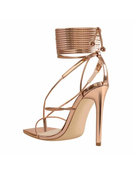 Rose Gold Square Toe Ankle Strap Stiletto High Heel Sandals