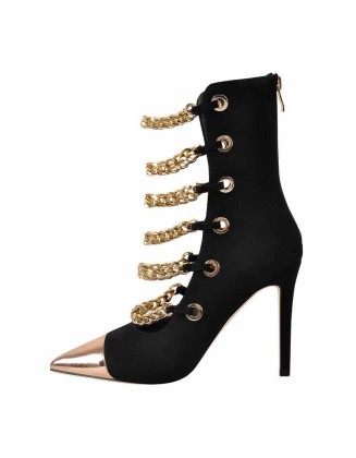 Metal Chain Pointed Toe High Boots