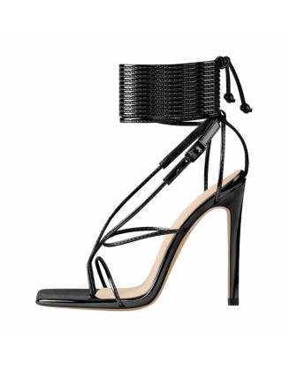 Black Square Toe Strap High Heel Stiletto Sandals