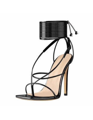 Black Square Toe Strap High Heel Stiletto Sandals