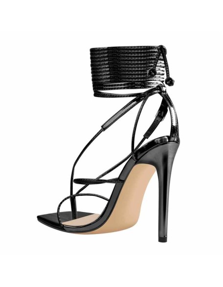 Black Square Toe Strap High Heel Stiletto Sandals