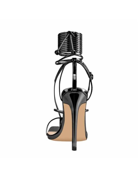 Black Square Toe Strap High Heel Stiletto Sandals