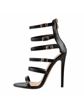 Black Gladiator Open Toe Zip High Heel Stiletto Sandals