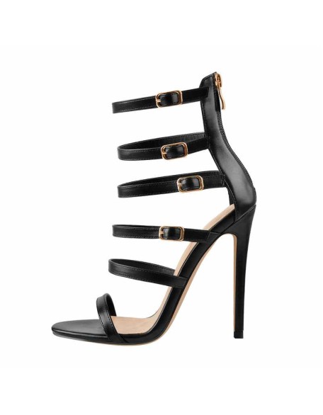 Black Gladiator Open Toe Zip High Heel Stiletto Sandals