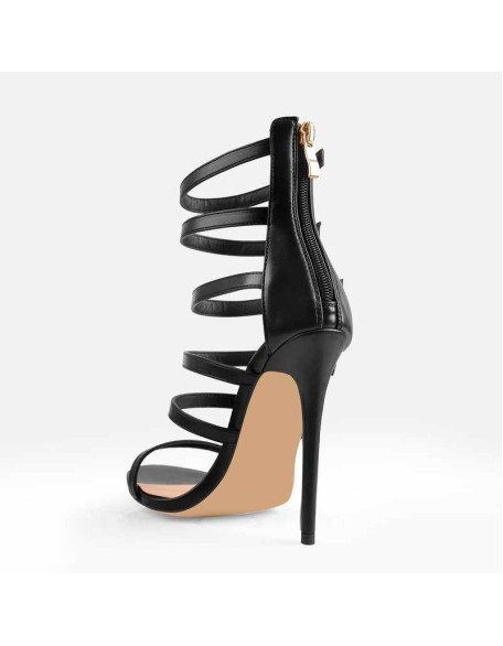 Black Gladiator Open Toe Zip High Heel Stiletto Sandals