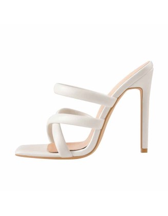 White Square Toe Matte High Heels Sandals
