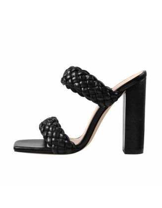 Black Open Toe Chunky High Heel Mules Sandals