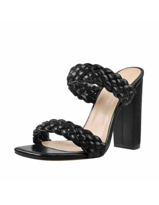 Black Open Toe Chunky High Heel Mules Sandals