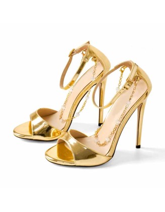 Gold Pearl Metal Chain Ankle Strap Open Toe High Heel Sandals