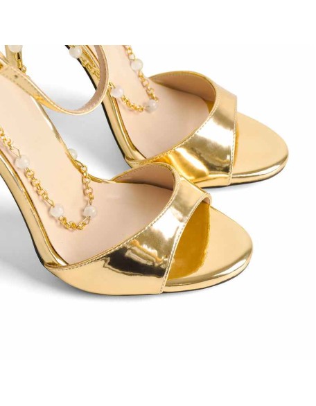 Gold Pearl Metal Chain Ankle Strap Open Toe High Heel Sandals