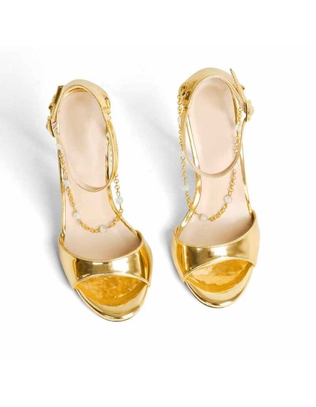 Gold Pearl Metal Chain Ankle Strap Open Toe High Heel Sandals