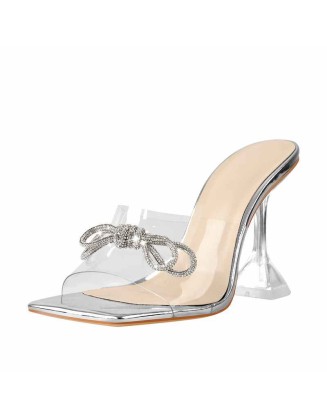 Silver Bow Transparent Clear High Heel Square Toe Sandals