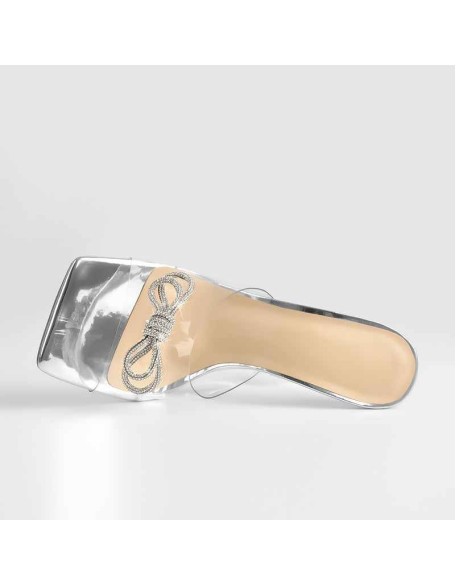 Silver Bow Transparent Clear High Heel Square Toe Sandals