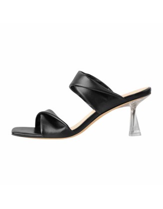Black Leather Square Toe Clear Heel Sandals