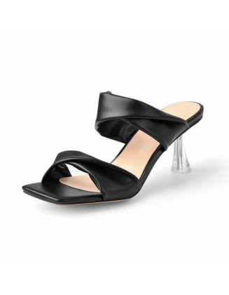 Black Leather Square Toe Clear Heel Sandals