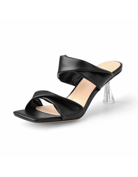 Black Leather Square Toe Clear Heel Sandals
