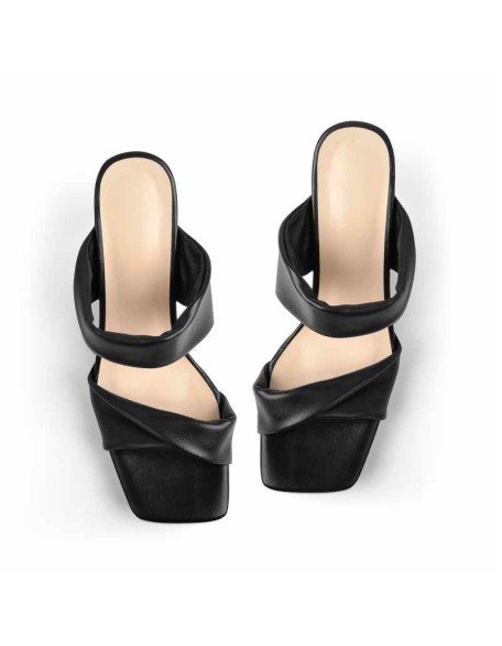 Black Leather Square Toe Clear Heel Sandals
