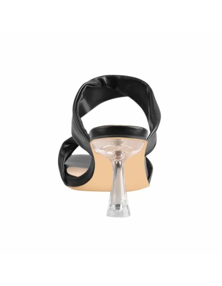 Black Leather Square Toe Clear Heel Sandals