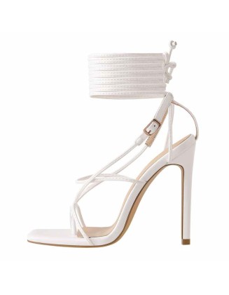 White Square Toe Ankle Strap Stiletto High Heel Sandals