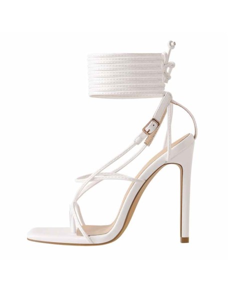 White Square Toe Ankle Strap Stiletto High Heel Sandals