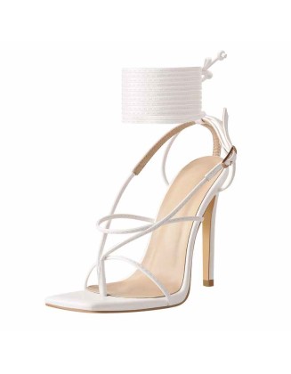 White Square Toe Ankle Strap Stiletto High Heel Sandals