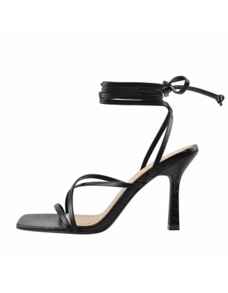 Black Strap Square Toe Stiletto Sandals