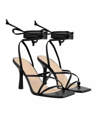Black Strap Square Toe Stiletto Sandals