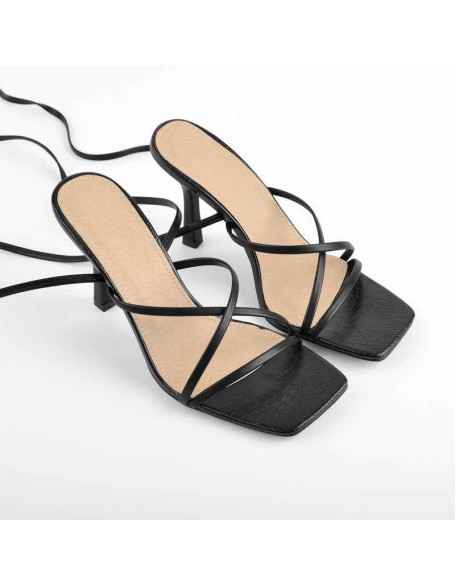 Black Strap Square Toe Stiletto Sandals