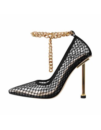 Black Fishnet Pointed Toe Ankle Metal Chain Pumps