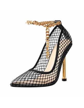 Black Fishnet Pointed Toe Ankle Metal Chain Pumps