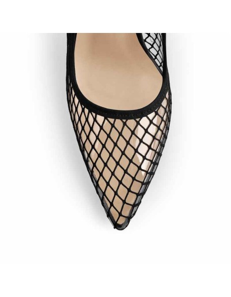 Black Fishnet Pointed Toe Ankle Metal Chain Pumps