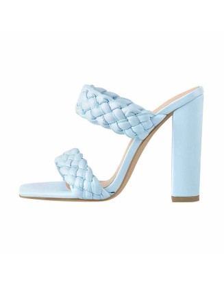 Blue Open Toe Chunky High Heel Mules Sandals