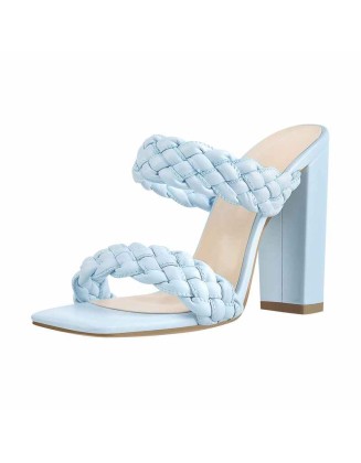 Blue Open Toe Chunky High Heel Mules Sandals
