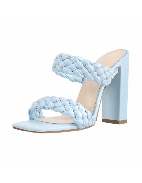 Blue Open Toe Chunky High Heel Mules Sandals