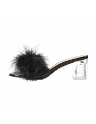 Black Feather Clear Heel Sandals