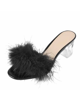 Black Feather Clear Heel Sandals