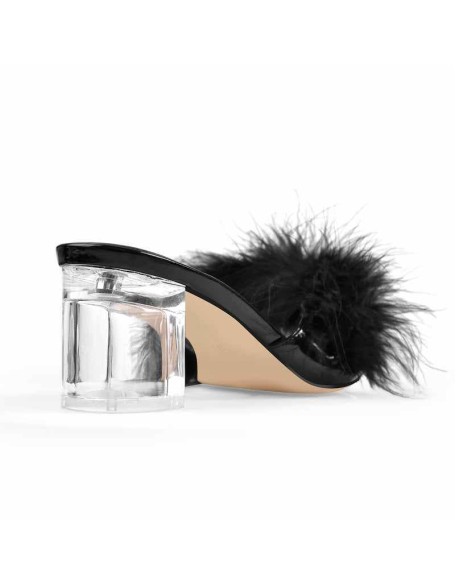 Black Feather Clear Heel Sandals