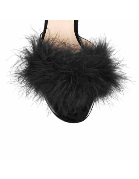 Black Feather Clear Heel Sandals