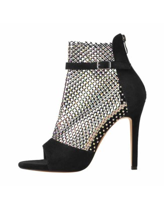 Black Peep Toe Rhinestone Grid High Heel Stiletto Sandals Boots