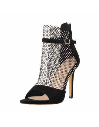 Black Peep Toe Rhinestone Grid High Heel Stiletto Sandals Boots