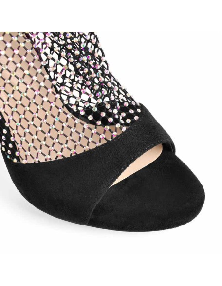 Black Peep Toe Rhinestone Grid High Heel Stiletto Sandals Boots