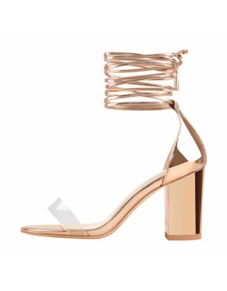 Round Toe Clear Band Strap Chunky Heels Sandals