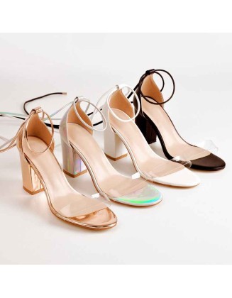 Round Toe Clear Band Strap Chunky Heels Sandals
