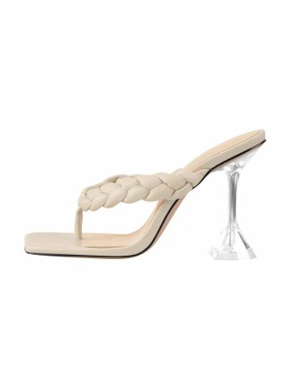 Square Toe Beige Clear High Heel Slipper Sandals