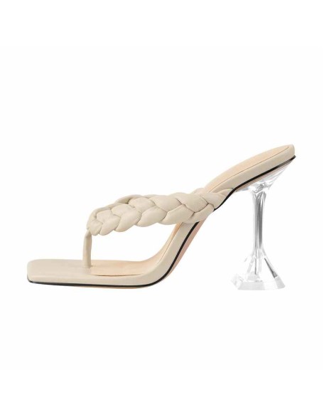 Square Toe Beige Clear High Heel Slipper Sandals