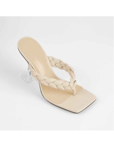 Square Toe Beige Clear High Heel Slipper Sandals